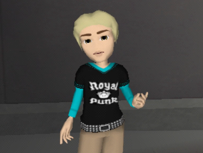 Bryce has platinum blonde hair and hazel eyes. He wears khaki pants and a long sleeve turquoise shirt layered under a black t-shirt that reads 'Royal Punk' on it with a crown icon. He has white skin.